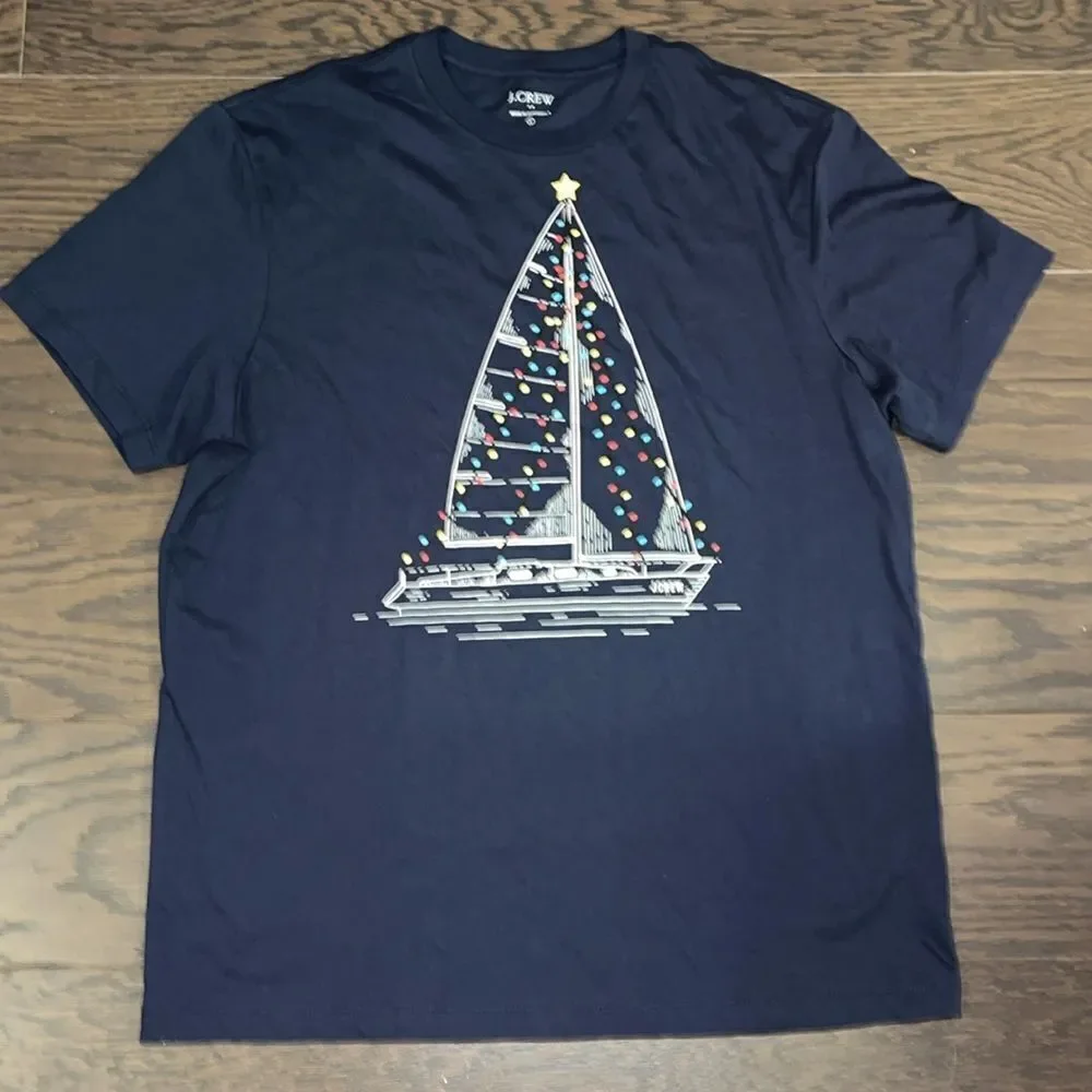 New Retro J Crew Christmas tree sailboat yacht holiday lights sailing T shirt L